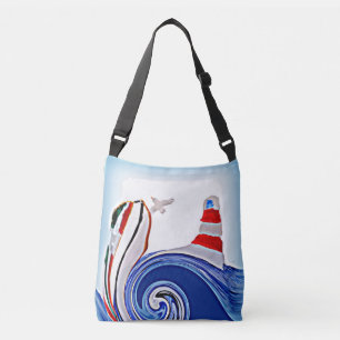 Sailing Boat Stormy Seas, Lighthouse Nautical Art Crossbody Bag