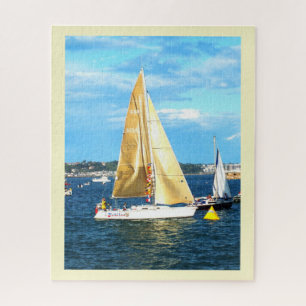 Sailing boat with golden sails in Jersey Jigsaw Puzzle