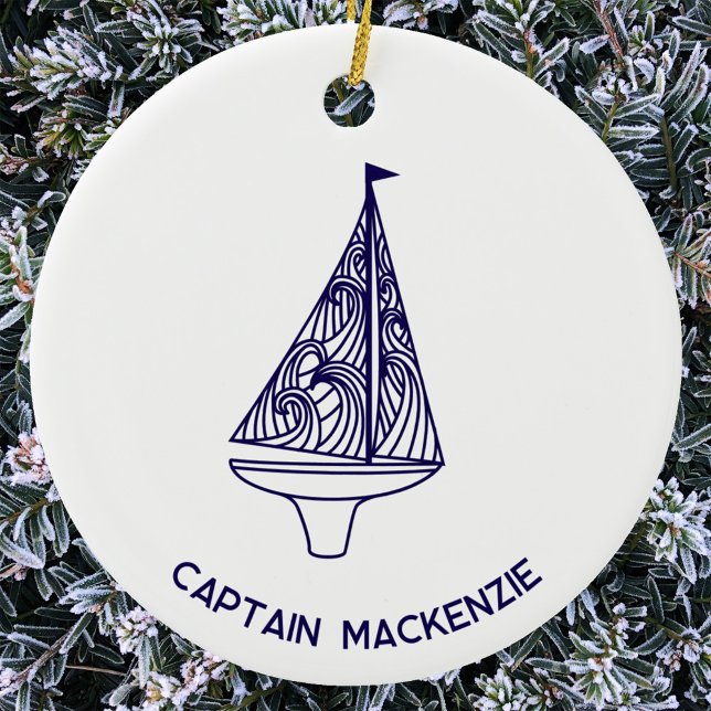 Sailing Boat Yacht Captain Name Ceramic Tree Decoration (Personalized Captain Name sailing boat yacht ornament for the sailor who has everything)