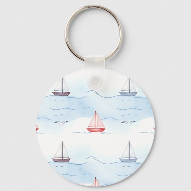 Sailing Boats and Seagulls Seamless Pattern Key Ring (Front)
