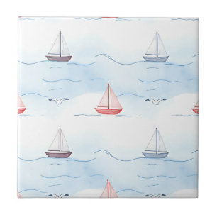Sailing Boats and Seagulls Seamless Pattern Tile
