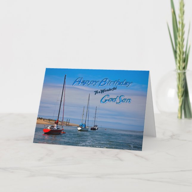 Sailing boats at anchor birthday card for Godson (Front)