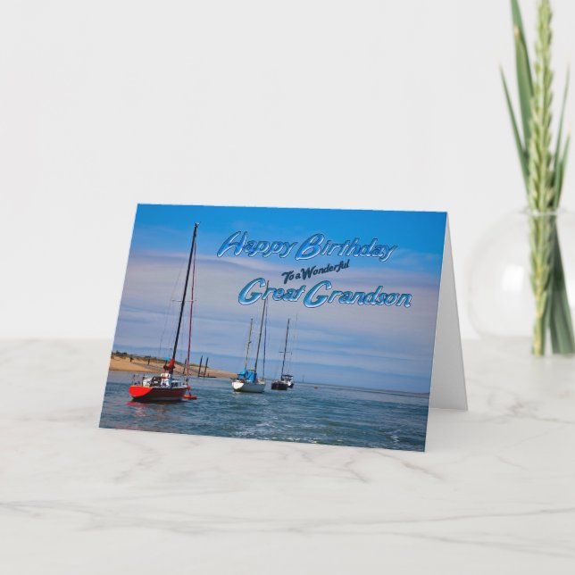 Sailing boats at anchor birthday Great Grandson Card (Front)