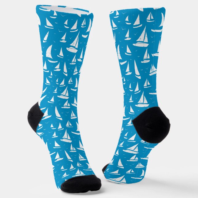 Sailing Boats Blue And White Sailor Boating Socks (Angled)