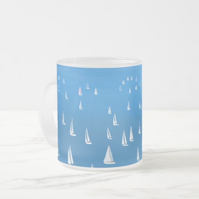 Sailing Boats in deep blue Sea - Regatta Sailboats Frosted Glass Coffee Mug (Front Left)