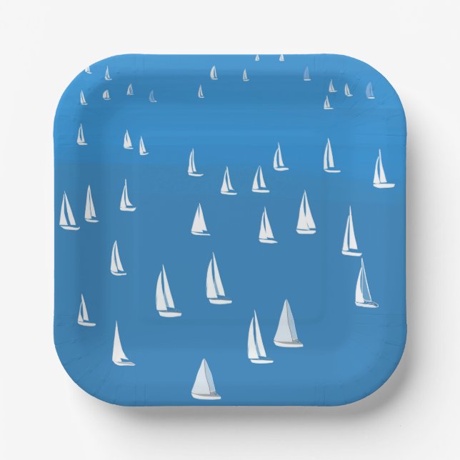 Sailing Boats in deep blue Sea - Regatta Sailboats Paper Plate (Front)
