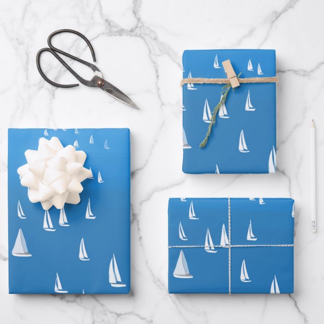Sailing Boats in deep blue Sea - Regatta Sailboats Wrapping Paper Sheet (Front)