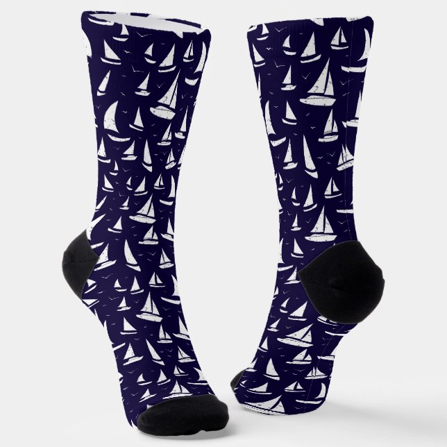 Sailing Boats Navy Blue And White Sailor Boating Socks (Angled)