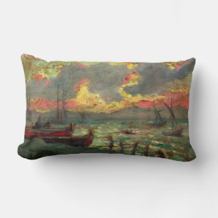Sailing Boats on the Shore (by Kimon Loghi) Lumbar Cushion