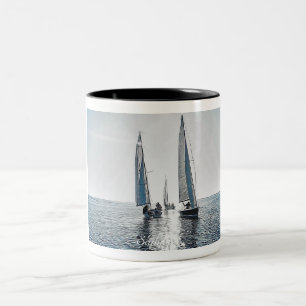 Sailing Boats with Sun-Setting illustration   Two-Tone Coffee Mug