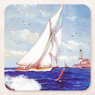 Sailing By The Lighthouse by Albert B. Marks Square Paper Coaster