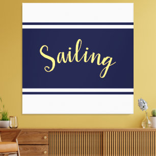 SAILING Elegant Navy Blue White Racing Stripes Canvas Print