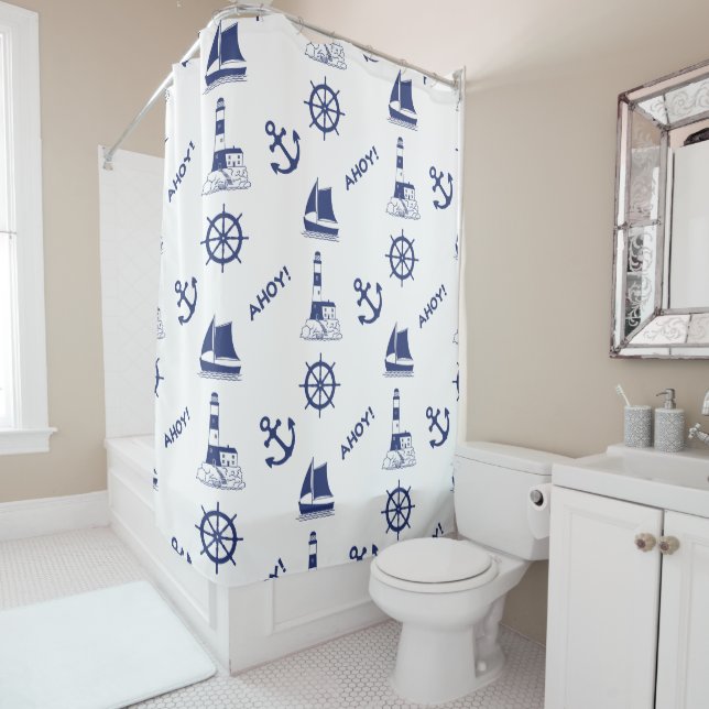 Sailing Illustrative Big Ptn Navy Blue+Transparent Shower Curtain (In Situ)