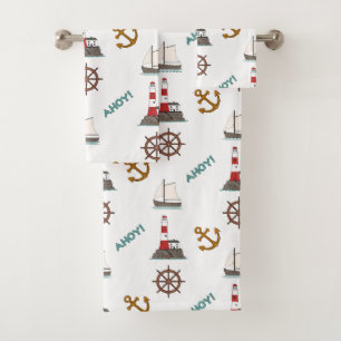 Sailing Illustrative Pattern Colour on White Bath Towel Set