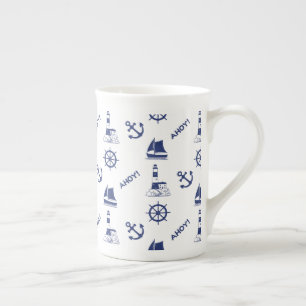 Sailing Illustrative Pattern Navy Blue+White Bone China Mug