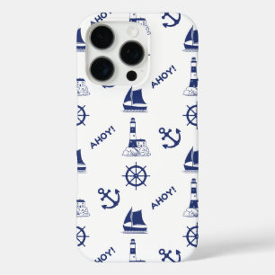 Sailing Illustrative Pattern Navy Blue+White iPhone 16 Pro Case