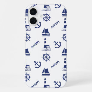 Sailing Illustrative Pattern Navy Blue+White iPhone 16 Plus Case