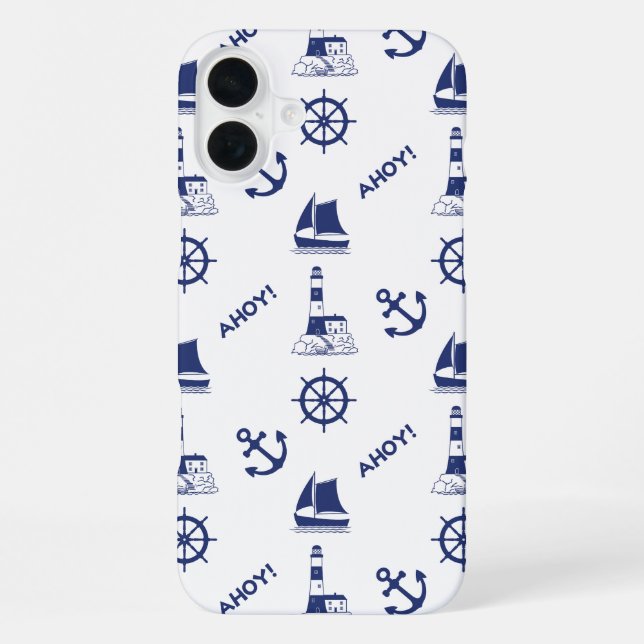 Sailing Illustrative Pattern Navy Blue+White iPhone Case (Back)