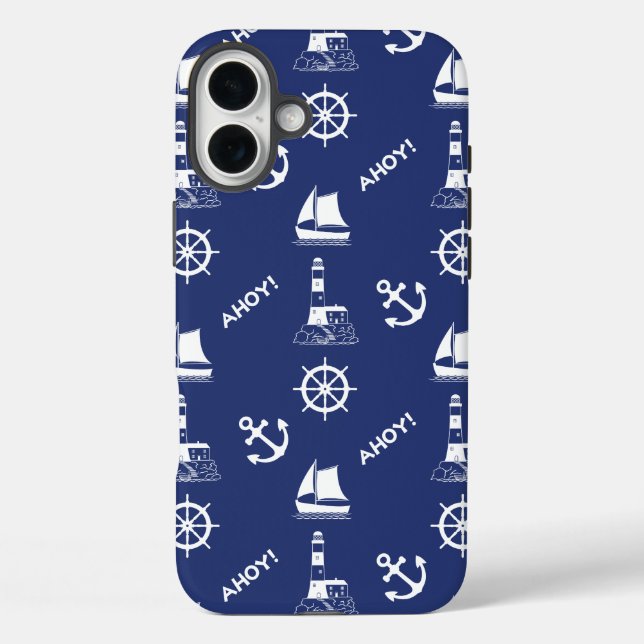 Sailing Illustrative Pattern White+Navy Blue Case-Mate iPhone Case (Back)