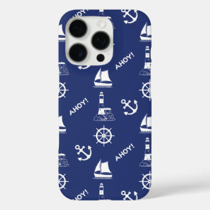 Sailing Illustrative Pattern White+Navy Blue iPhone 16 Pro Case