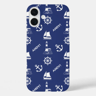 Sailing Illustrative Pattern White+Navy Blue iPhone 16 Plus Case