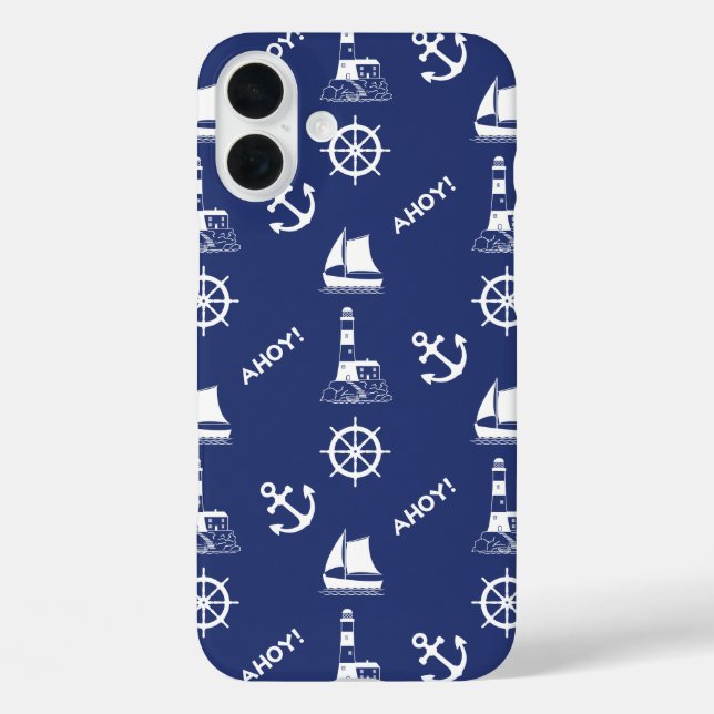 Sailing Illustrative Pattern White+Navy Blue Case-Mate iPhone Case (Back)