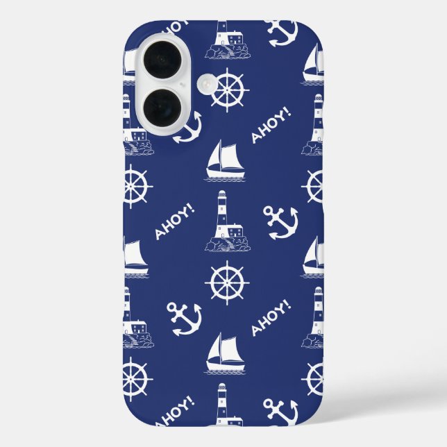 Sailing Illustrative Pattern White+Navy Blue Case-Mate iPhone Case (Back)