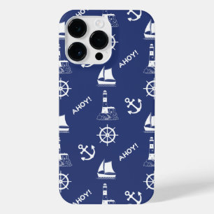 Sailing Illustrative Pattern White+Navy Blue iPhone 14 Pro Max Case