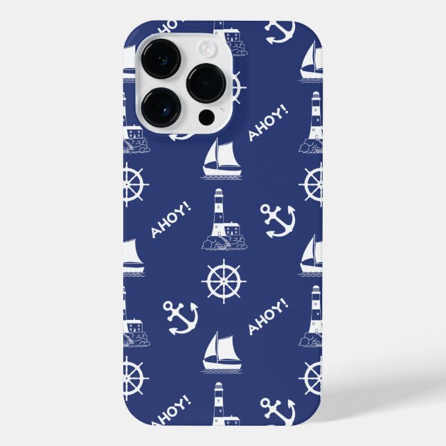Sailing Illustrative Pattern White+Navy Blue iPhone Case (Back)