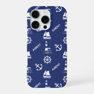 Sailing Illustrative Pattern White+Navy Blue iPhone 16 Pro Case