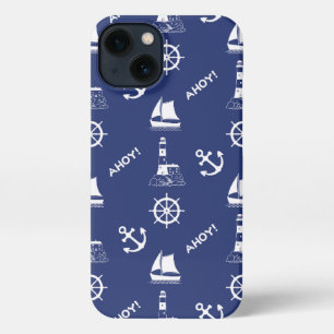 Sailing Illustrative Pattern White+Navy Blue iPhone 13 Case