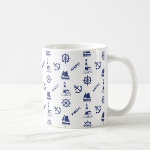 Sailing Illustrative Rpt Pattern Navy Blue+White Coffee Mug
