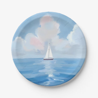 Sailing in Blue | Coastal Sailboat Ocean Painting Paper Plate