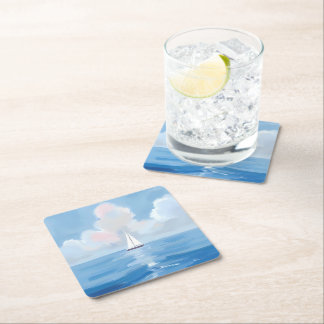 Sailing in Blue | Coastal Sailboat Ocean Painting Square Paper Coaster