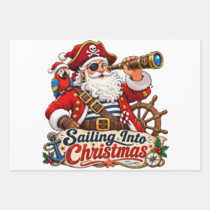 Sailing Into Christmas Pirate Santa Wrapping Paper Sheet