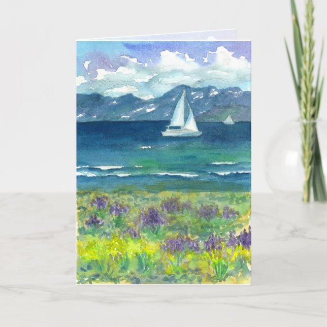 Sailing Mountain Lake Lupines Happy Birthday Card (Front)