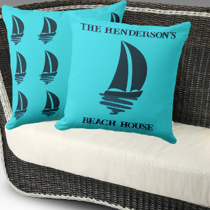 Sailing Navy Blue Boat Family Name Beach House Cushion