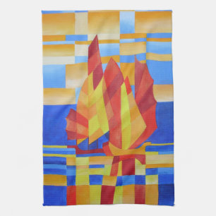 Sailing on the Seven Seas So Blue Cubist Abstract Tea Towel