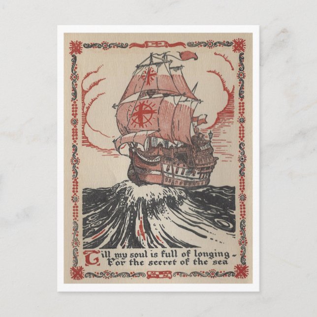 Sailing Pirate Ship Vintage Book Illustration Postcard (Front)