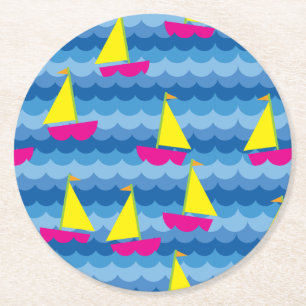 Sailing Sail Boat Cute Boy Kid's Birthday Party Round Paper Coaster