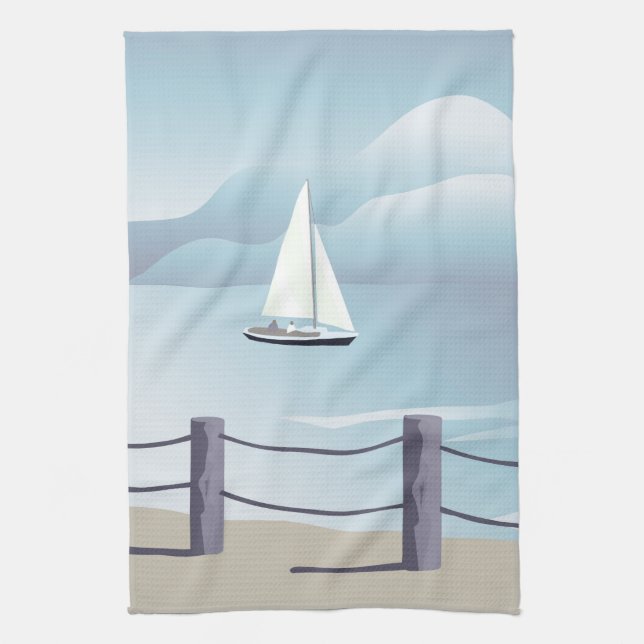 Sailing Sailboat Aqua Ocean Kitchen Towel (Vertical)