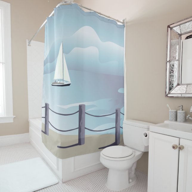 Sailing Sailboat Aqua Ocean Shower Shower Curtain (In Situ)