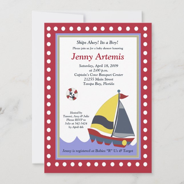 Sailing Sailboat Boat Nautical Baby Shower 5x7 Invitation (Front)