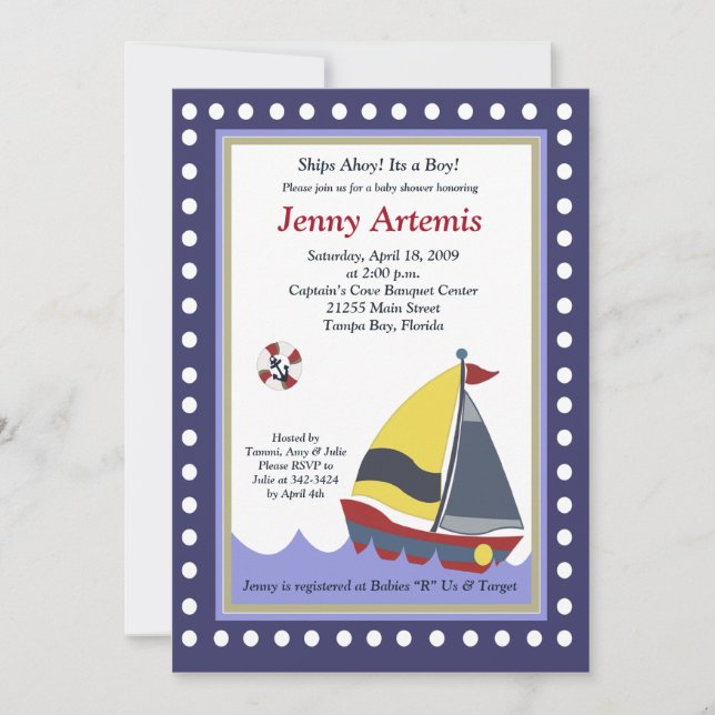 Sailing Sailboat Boat Nautical Baby Shower 5x7 Invitation (Front)