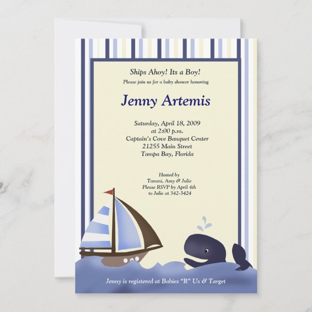 Sailing Sailboat Boat Nautical Baby Shower 5x7 Invitation (Front)