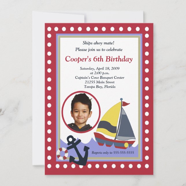 Sailing Sailboat Boat PHOTO Nautical 5x7 Birthday Invitation (Front)