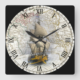 Sailing Ship  ~ 1789 Eastern Hemisphere Map ~  Square Wall Clock