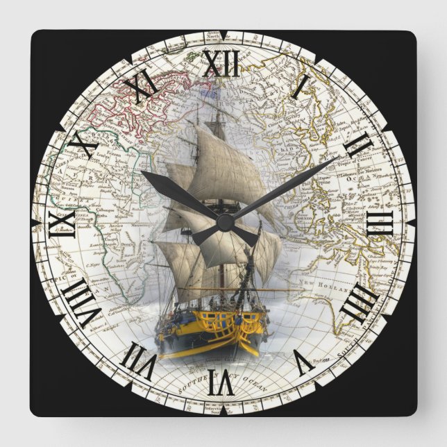Sailing Ship  ~ 1789 Eastern Hemisphere Map ~  Square Wall Clock (Front)
