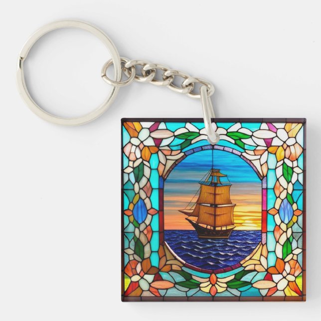 Sailing Ship at Sunset Key Ring (Front)