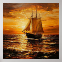 Sailing Ship at Sunset with Golden Sky